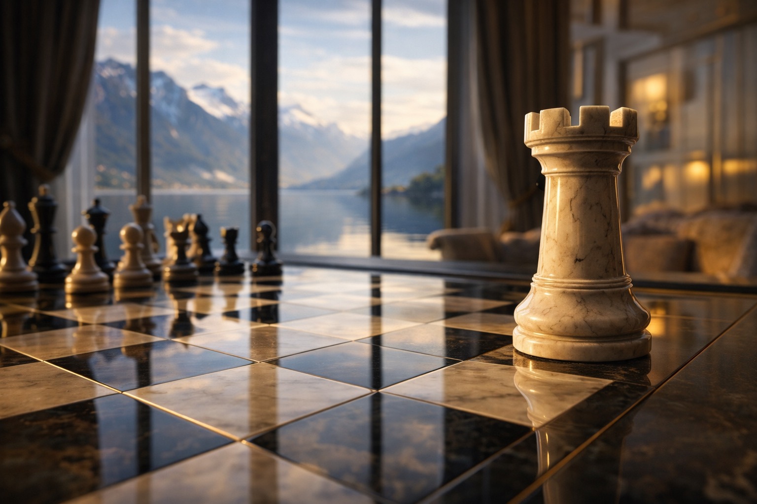 Échiquier en marbre avec vue sur le lac et les montagnes suisses